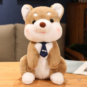 Peluche chien shiba avec cravate en forme d'os