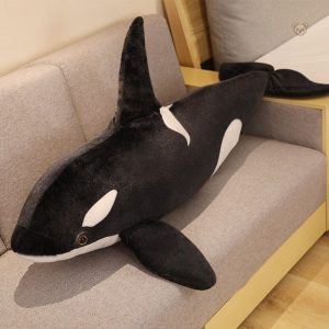 Peluche baleine noire et blanche douce et câline