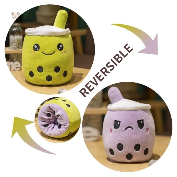 Peluche bubble tea avec expressions réversibles uniques