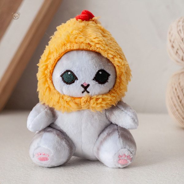 Peluche mignonne à câliner, design chat et cagoule jaune