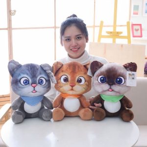 Peluche enfant en forme de chat, marron et douce au toucher