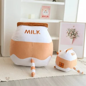 Peluche douce en forme de chat, design brique de lait