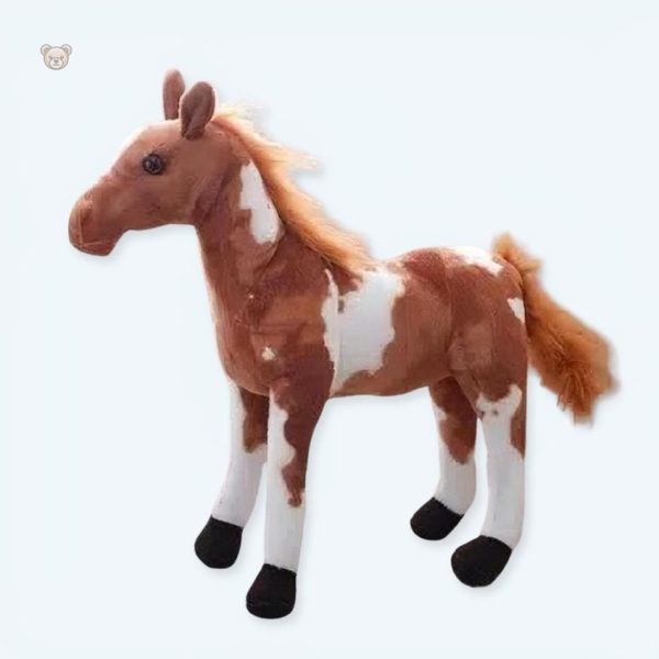 peluche-cheval-doux-marron-blanc-enfant-calin-jouet-1 Peluche cheval doux marron et blanc pour câlins d'enfants