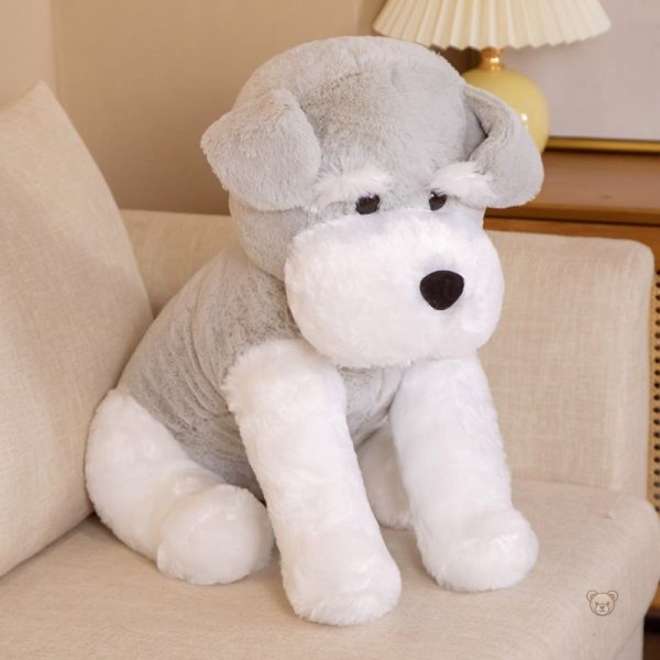 peluche-chien-assis-blanc-et-gris-1 Peluche chien assis gris et blanc, douce et câline