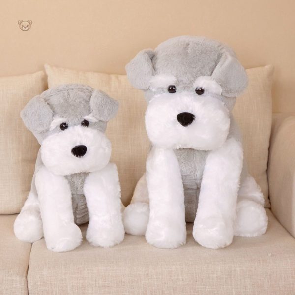 Jouet en peluche chien, assis, couleur blanche et grise