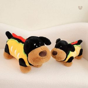 Peluche chien saucisse noir en forme de hot dog