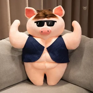 Peluche cochon bien habillé avec lunettes et muscles