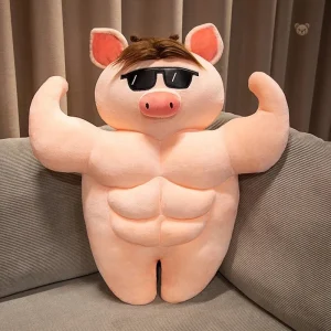 Peluche cochon bodybuildé brun avec lunettes