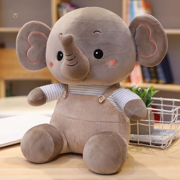 Peluche éléphant à la salopette, compagnon câlin pour enfant