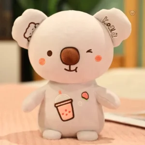 Koala en peluche dégustant un bubble tea