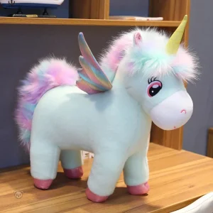 Peluche licorne bleu avec ailes et corne dorée