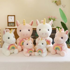 Peluche licorne douce arc-en-ciel avec corne dorée