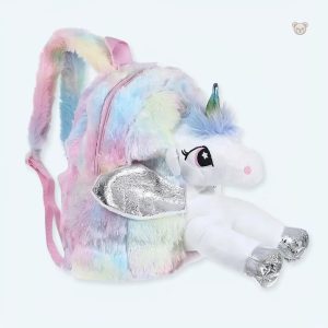 Peluche licorne argentée douce pour enfants en sac à dos