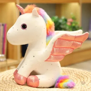 Peluche licorne blanche avec crinière arc-en-ciel