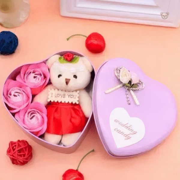 Coffret romantique avec peluche ours rose douce