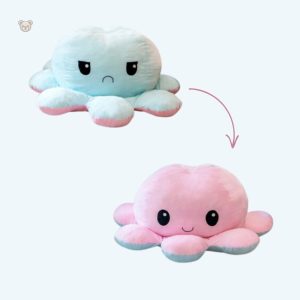 Peluche géante réversible pieuvre humeur joyeuse et triste