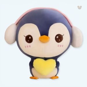Peluche pingouin bleu doux avec cache oreilles pour l'hiver