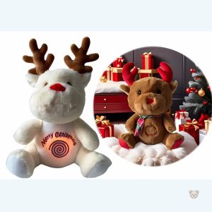 Peluche renne Noël douce et musicale en blanc et marron